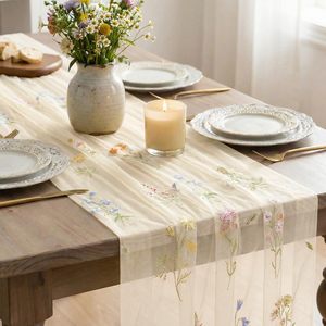 Runner da Tavola in Garza <span class=keywords><strong>Beige</strong></span> con Ricami Floreali, 120 Pollici 10FT, Decorazione Stagionale Primaverile per Tavolo da <span class=keywords><strong>Cucina</strong></span> e Sala da Pranzo - Product Image 4