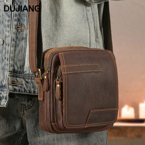 Dujiang Men's Genuine Leather Crossbody Bag <b>Square</b> Design Retro Casual Wear Resistant For Leisure Travel - Product Image 1