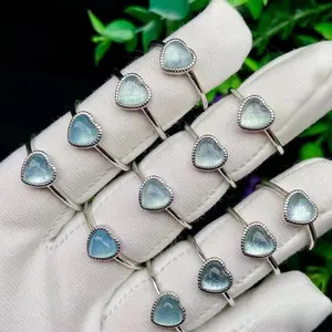 Heart shape natural aquamarine open ring for women handmade crystal quartz gemstone ring