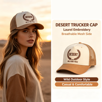 Casquette Trucker Classique 5 Panneaux Thème Désert Sauvage et Libre Broderie Western Extérieur Crème Kaki Mousse Maille