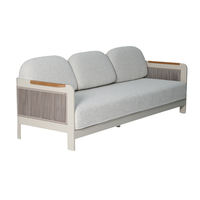 Aslan Tasarımlı Modern Minimalist Dayanıklı Bahçe Koltuk Takımı Alüminyum Çerçeveli Bej Dokuma Halat Tik Ağacı Kolçaklı Hava Koşullarına Dayanıklı Dış Mekan