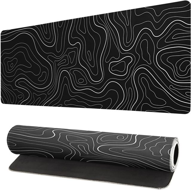 Custom Large Gaming Mouse Pad with Anti-Slip Rubber Base Black & White Topographic Line Design for Home Office Use