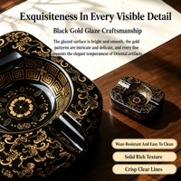 Cendrier à cigares noir et or glacé, à rainures larges, compatible avec différentes tailles de cigares, bordure à motif clé grecque, style chinois, grande décoration élégante