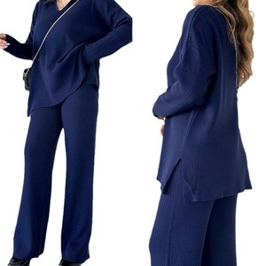 Automne <span class=keywords><strong>hiver</strong></span> femmes deux pièces tricots <span class=keywords><strong>ensemble</strong></span> col polo à manches longues fente pull avec pantalon à jambes larges pull tricoté <span class=keywords><strong>ensemble</strong></span> - Product Image 5