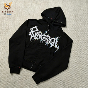 Sweat à capuche zippé pour homme, style gothique original personnalisé, avec logo, imprimé strass, coupe oversize et épaules tombantes, streetwear - Product Image 1