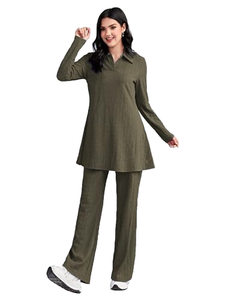 Women's 2-Piece Long <b>Set</b> Knitted 100% Polyester Solid Color Notched Collar Regular Fit Casual Full Length <b>Blazer</b> Top Pants - Product Image 1