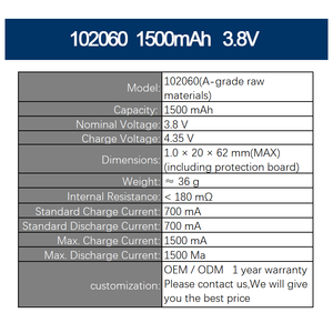 102060 1500mAh 3.8V(A-grade raw materials) High Capacity Lithium Ion Pouch <b>Battery</b> Customizable <b>Rechargeable</b> - Product Image 2