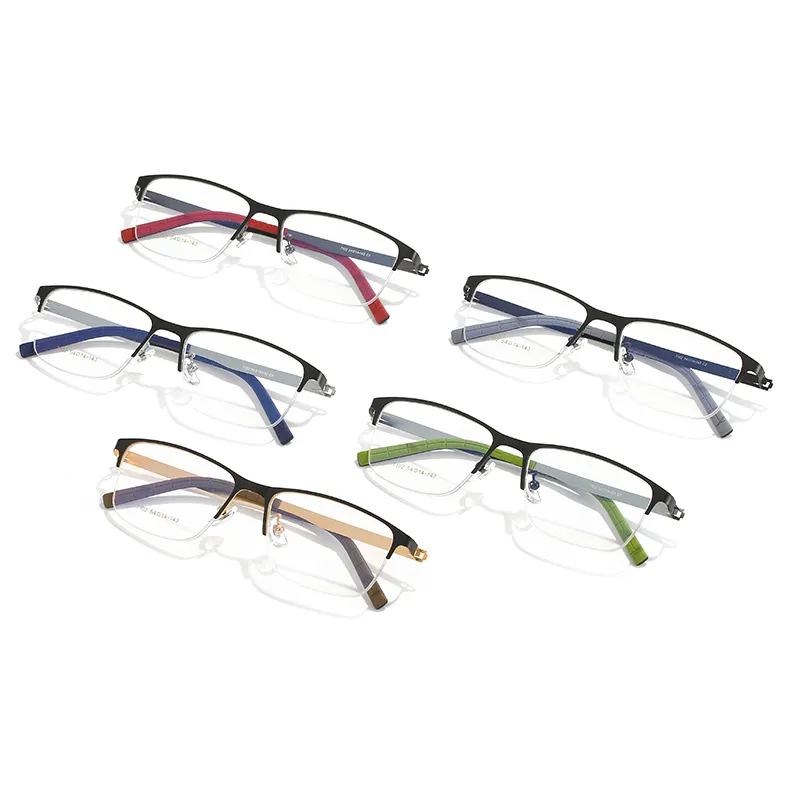 FANXUN 7102 moda yarım çerçeve gözlük çelik kiriş renkli kaymaz silikon ayak koruyucu vidasız menteşe gözlük çerçeveleri