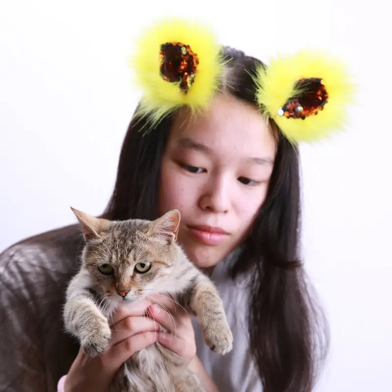 custom new furry cute designer cat ear headband bow for women 2022 winter fur cat ear hair bow