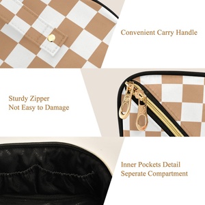 Fashion Brown White Checkered Design Golden Zipper Portable Makeup <b>Bag</b> Custom Logo <b>Travel</b> Cosmetic <b>Bag</b> for Women - Product Image 4