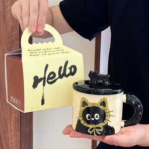Mug en céramique avec couvercle motif chat mignon, design rétro, capacité 300 ml, tasse à eau créative pour le bureau, cadeau souvenir pour couple, boîte cadeau, cadeau d'anniversaire parfait - Product Image 1