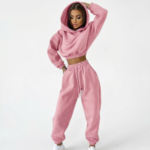 Ensemble 2 pièces décontracté pour femme : Sweat à capuche court à manches longues avec broderie et boutons, et pantalon de jogging, automne-hiver - Product Image 1