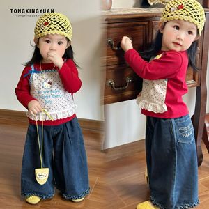 Girls Cartoon Faux Two Piece T Shirt Set Spring Fashion Wide Leg Jeans Set Comfortable Clothing For Kids - Product Image 5