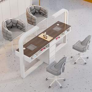 เฟอร์นิเจอร์ร้านทำผมหรูหราคุณภาพสูงใหม่ โต๊ะทำเล็บและเก้าอี้ไม้สีขาวดำพร้อมที่นั่งหลายตำแหน่ง - Product Image 5