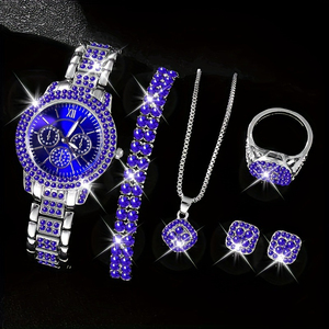 Lüks Kadın Mavi Kristal Saat Takı Seti Elmas Bileklik Kolye Küpe Hediye Seti - Product Image 2