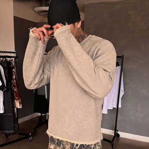 <span class=keywords><strong>Felpe</strong></span> con cappuccio personalizzate all'ingrosso con orlo grezzo, T-shirt a maniche lunghe in cotone French Terry, girocollo oversize, felpa girocollo bianca - Product Image 3