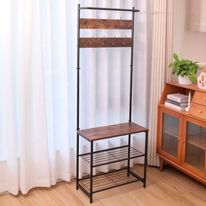 Perchero con banco para zapatos, banco de entrada con almacenamiento de calzado, 3 en 1, estructura de acero, marrón rústico y negro - Product Image 2