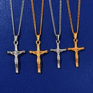 Bijoux croix colliers en plaqué or 18 ct personnalisés pour hommes vente en gros de collier à pendentif crucifix pièce de Jésus en acier inoxydable 38mm 33mm