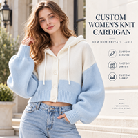 Cardigan en tricot à capuche personnalisé pour femme, color block, boutonné, court, avec manches bouffantes, pour tenue décontractée quotidienne