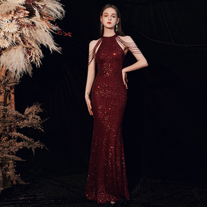Fashionable evening <b>dress</b>, new <b>sequin</b> fishtail <b>dress</b> for host stage performances, halter neck with shoulder tassels - Product Image 6