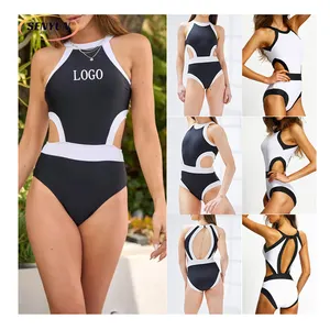 Hot 2024 Đen Trắng Cao Căng Biểu Tượng Tùy Chỉnh Cô Gái Sexy Bikini Dễ Thương Hollow Ra Beachwear Một Mảnh Tập Thể Dục Đồ Bơi