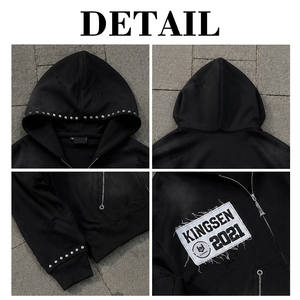 ผู้ผลิตเสื้อผ้าสตรีทแวร์ ปักลายตามสั่ง วินเทจ แอซิดวอช ผ้าเฟรนช์เทอร์รี่ แต่งดีเทลแบบดิสเทรส ประดับคริสตัล แอซิดวอช เสื้อฮู้ดซิป - Product Image 6
