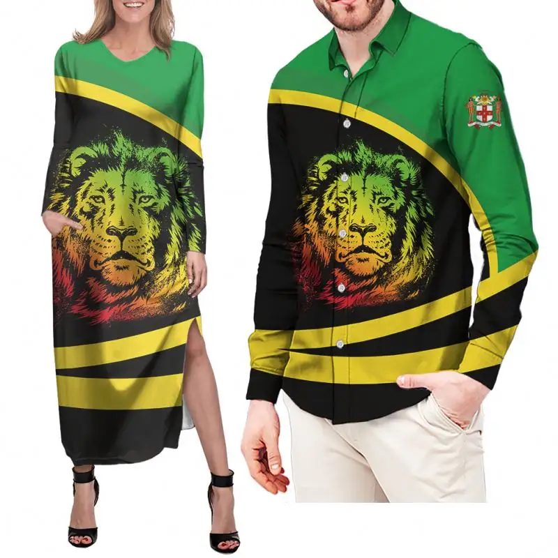 डिजाइन वेलेंटाइन दिनों युगल वस्त्र प्लस आकार महिलाओं के कपड़े मिलान सेट पुरुषों शर्ट जमैका झंडे पैटर्न महिलाओं सुरुचिपूर्ण