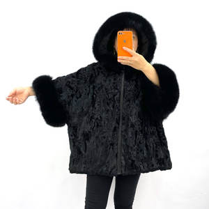 Poncho d'hiver pour femme en véritable fourrure de mouton <span class=keywords><strong>Karakul</strong></span>, réversible, grande taille, à capuche, manches chauve-souris, ample, chaud, décontracté, personnalisable - Product Image 3
