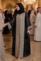 Robe Kimono Modeste en Dentelle Brodé avec Bordure Perlée Géométrique, Ouverte sur le Devant, pour l'Aïd et les Événements Sociaux, Abaya en Polyester ODM