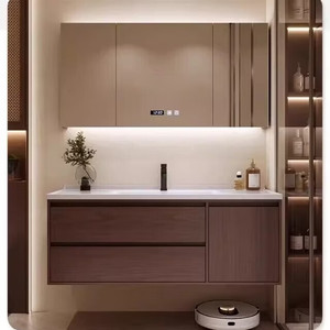 <b>Walnut</b> color bathroom <b>cabinet</b> mirror ceramic integrated hand wash basin smart mirror <b>cabinet</b> - Product Image 1