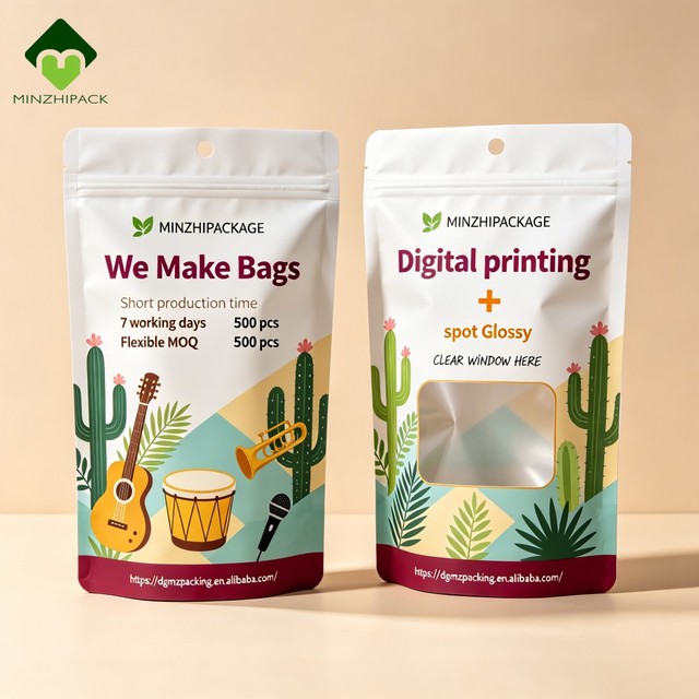 Custom Digital Printed Stand up Pouch with Window Low MOQ 500pcs Food Grade Packaging Bag with Zipper for Snacks Coffee