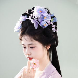 2025 Nuevo Diseño Original Hecho a Mano, Tocado Hanfu de Seda Morada con Flores, Estilo Antiguo, Exquisito y Versátil, Adorno para el Cabello Termoconformado - Product Image 1