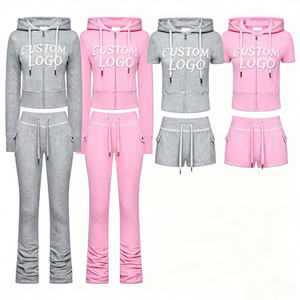 Conjunto de Pantalones y Chaqueta Corta con Capucha de Manga Larga para Mujer, Conjunto Deportivo Informal Gris y Rosa para Mujer, Ropa de Invierno - Product Image 1