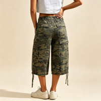 Shorts cargo en jean pour femme, imprimé camouflage corail, taille basse, coupe large et ample, pour l'été et la piscine