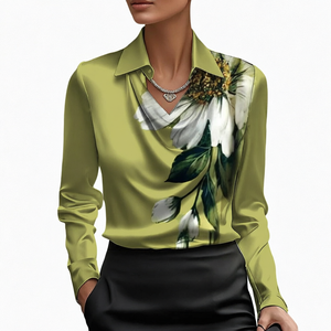Floral Satin Women Shirt V-neck Long Sleeve Blouse Asymmetric Print Spring Autumn - Product Image 5