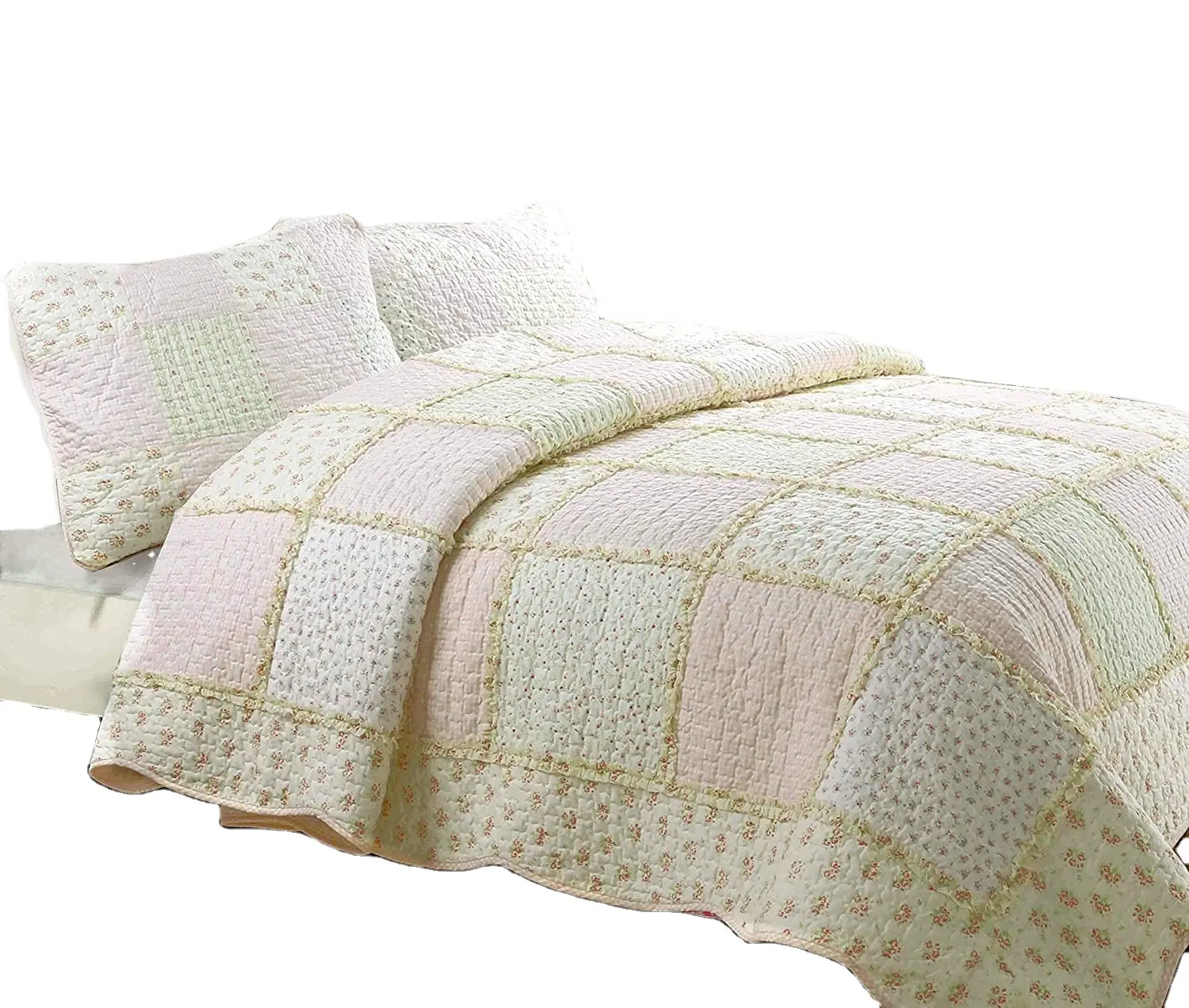 Home Fashions Sweet Peach Floral Light Pink Printed 3D Real Patchwork 100% Cotton Quilt Bedding