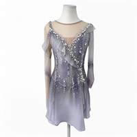 Robe de patinage et de danse dégradé gris-violet, manches longues en maille, dos nu orné de strass, pour enfants et adultes, compétition et performance