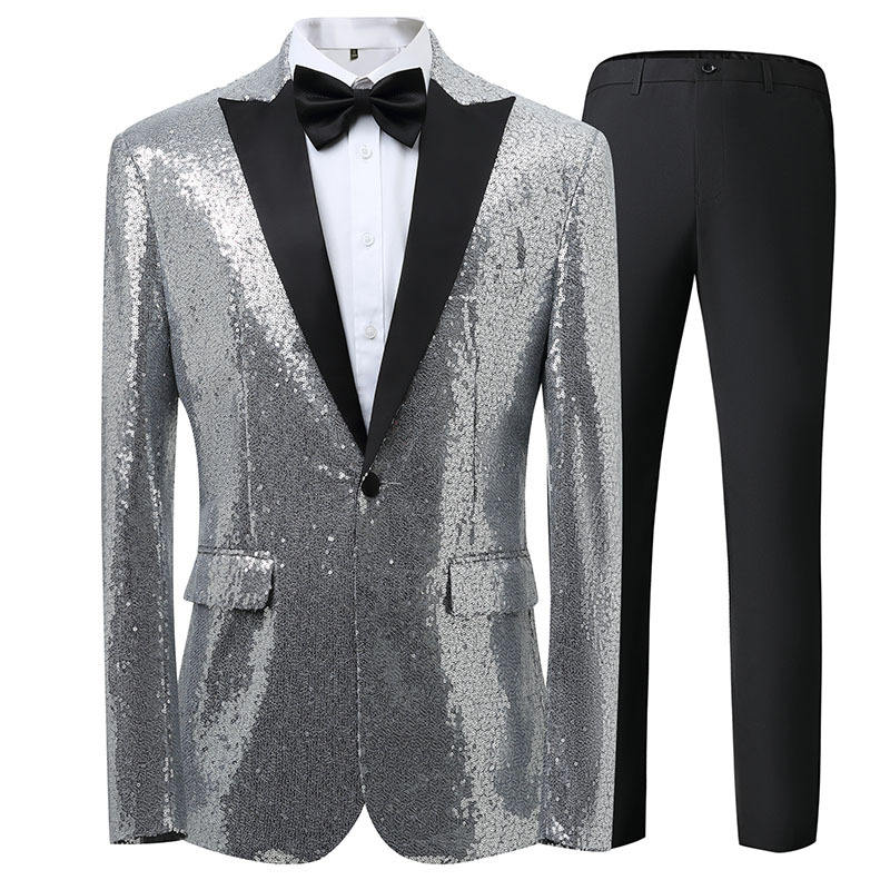 Silver top + black pants + bow tie