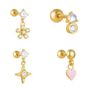 Pendentif étoile à quatre branches en argent 925 avec petite fleur, pierre de lune et zircon, breloque cœur émaillé, piercing à vis - Product Image 1