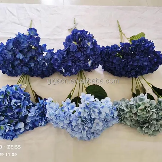 GIGA 2024 हॉट सेलिंग रेशम कृत्रिम हाइड्रेंजिया शादी के फूल निर्माता 5 हेड 480 पीटल हाइड्रेंजिया फूल रियल टच