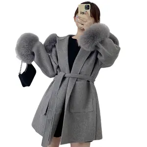 New Ladies Hood Winter Cashmere Coats Long Wool Coat Women With Fox Fur Collar