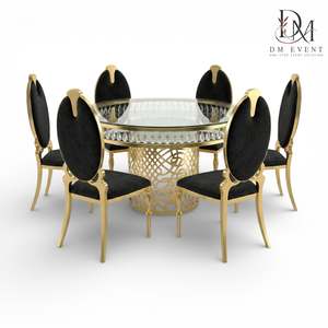 DM EVENT Custom Gold Stainless Steel Oval Back Wedding Banquet <b>Chair</b> with <b>Black</b> Upholstery for Hotel Events - Product Image 3