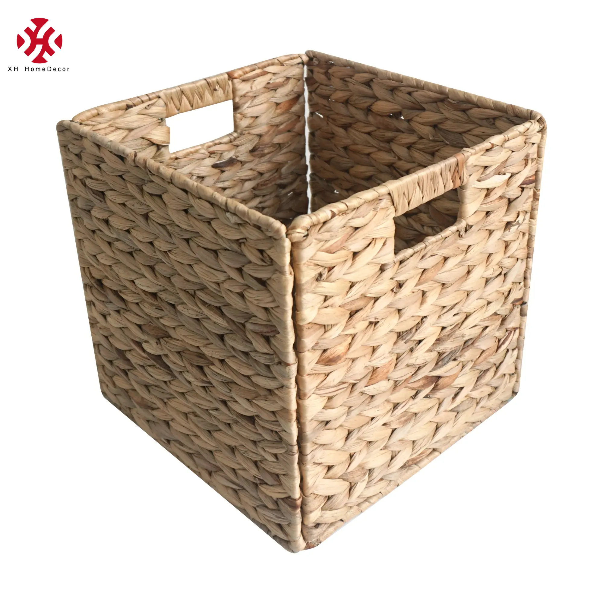 XH 12 Inch Square woven Foldable Natural Water Hyacinth under shelf Storage Basket laundry Collapsible Cube Boxes