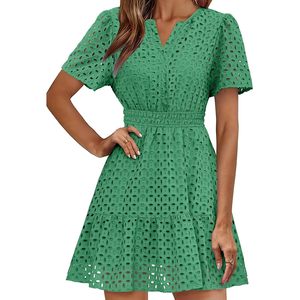 Abito da donna verde con occhielli in pizzo, linea ad A, scollo a V, manica corta, vita elastica, abbigliamento casual estivo - Product Image 2