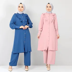 Casual solid color tunic pant women blouse islamic clothing ruffle loose pleated tops muslim two piece set