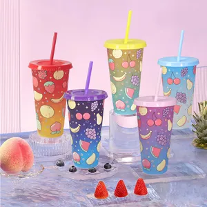 Renk değiştiren kupalar yeniden kullanılabilir sihirli plastik bardak buz soğuk içecek su kahve 16 24oz renk değişimi kapaklı bardak ve saman