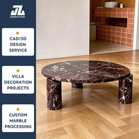 Luxuriöser Rosso Levanto Marmor Runder Couchtisch Drei Zylinderförmige Säulenbeine Massiver Roter Stein Dreifuß-Mitteltisch für Wohnzimmer