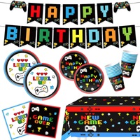 Décorations de fête d'anniversaire pour gamers : Assiettes, serviettes, gobelets, centres de table GO WIN, guirlandes suspendues, ballons, et décorations de gâteau sur le thème des jeux vidéo