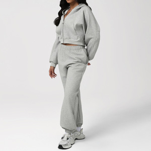Conjunto Deportivo de Sudadera con Capucha y Cremallera de Algodón con Logotipo Personalizado para Mujer, <span class=keywords><strong>Ropa</strong></span> Deportiva de <span class=keywords><strong>Yoga</strong></span>, Pantalones Deportivos Casuales, Conjuntos Holgados, Cómodos y Cálidos - Product Image 3