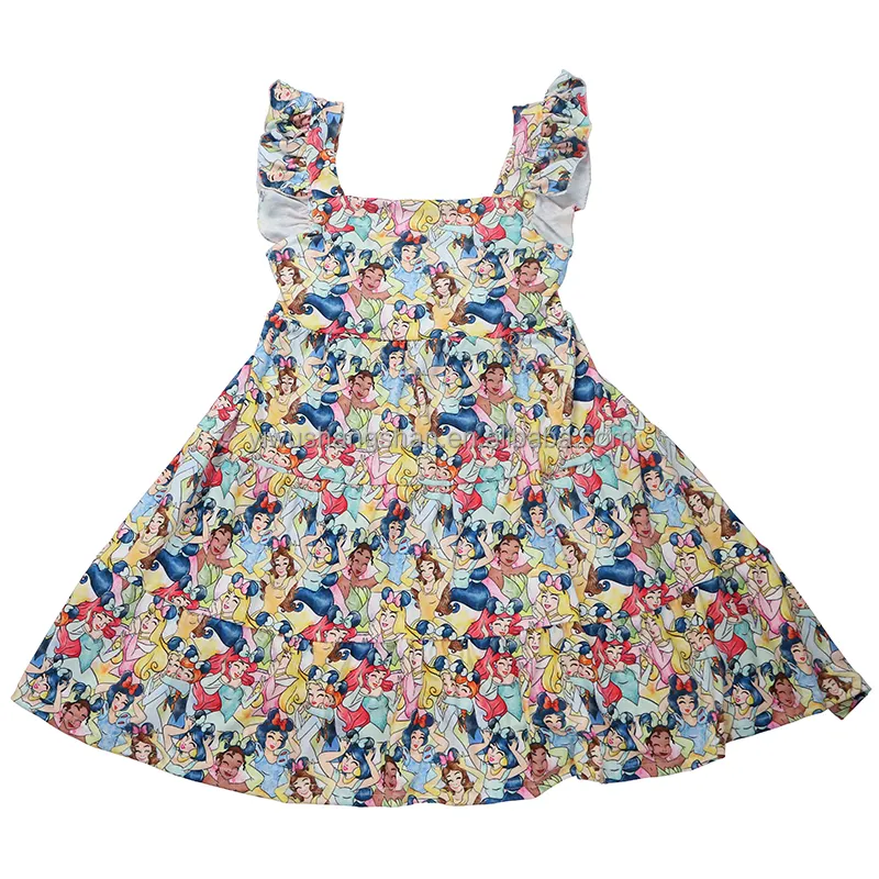 Nieuwkomers Peuter Meisjes Cartoon Karakter Print Jurk Ruche Mouw Prinses Jurk Kids Baby Backless Jurk